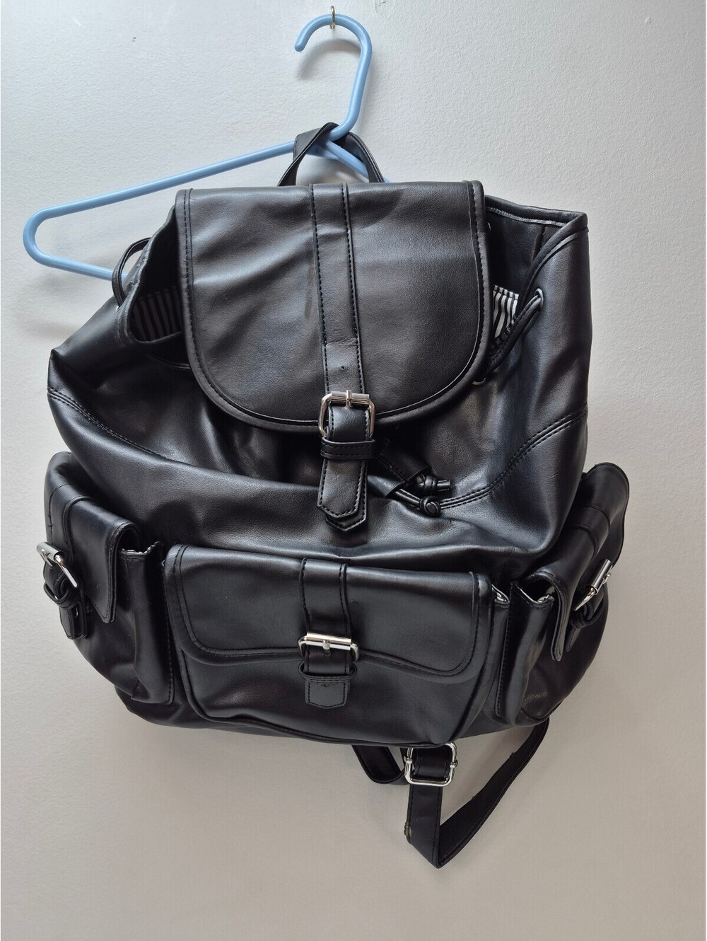 JustFab Black Faux Leather Backpack with Multiple Buckle Pockets B428